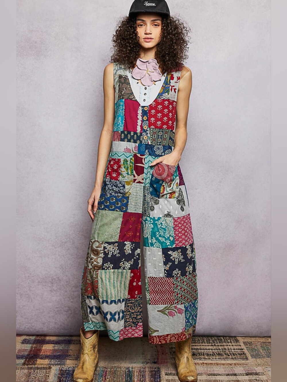 1-0509 POL Patchwork Cotton Loose Fit Light Weight Jumpsuit Overalls - Picture 3 of 8
